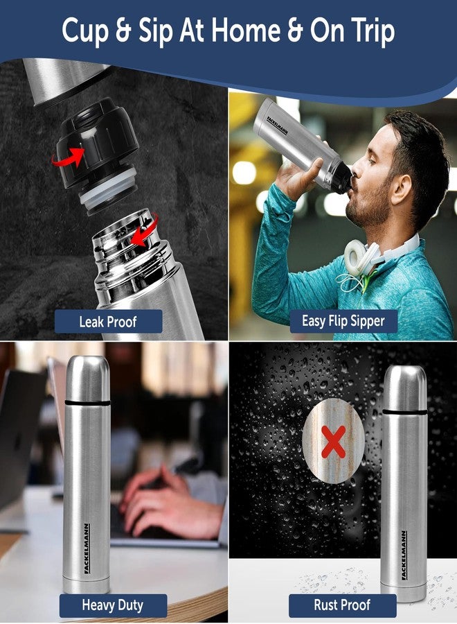 Fackelmann Sip Up Stainless Steel Premium Finish Insulated Water Bottle 1000ml Silver | Sleek Design | 304 Durable Stainless Steel Inside Out | Easy Slip Sipper | Triple-Layer Technology - Image 2